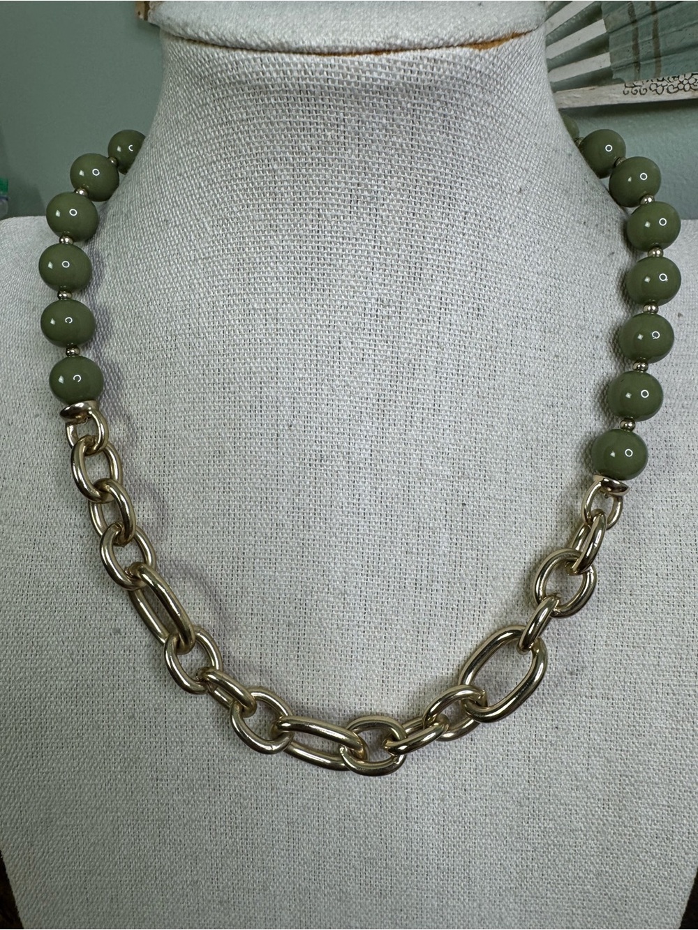 Gold Chain Necklace with Olive Green Beads - Women Jewelry